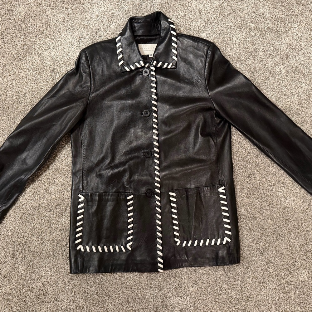 Chic Black Leather Jacket‎ with White Trim